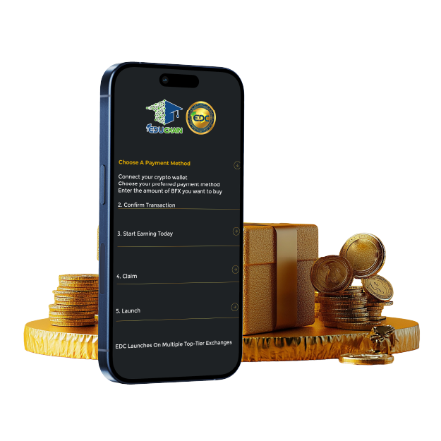 BlockchainFX mobile trading app with portfolio overview and crypto coins in the background.
